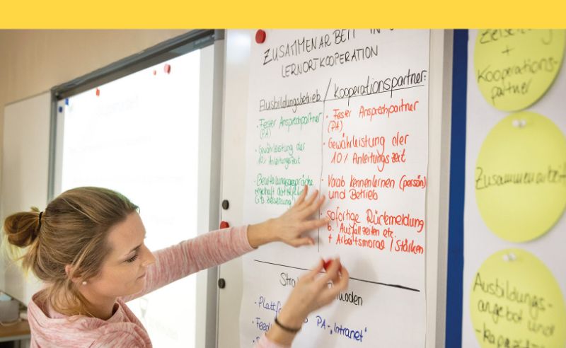 Eine Frau schreibt mit einem Marker auf ein Flipchart.